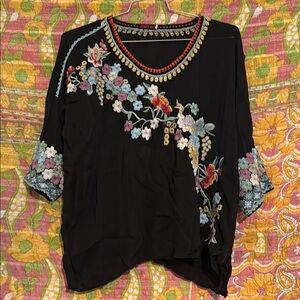 Johnny Was Black Top with Multicolor Floral Embroidery